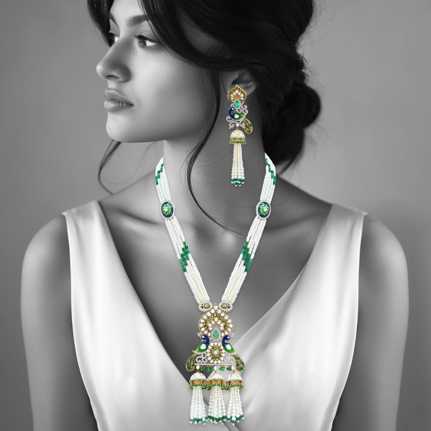 Pearl and Emerald Necklace Set with Polki and Peacock Motifs